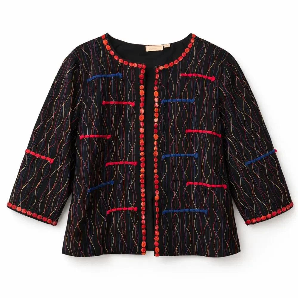 Multicolored Embroidery Boho‎ Bohemian Indie Artsy Teacher Black Blazer
